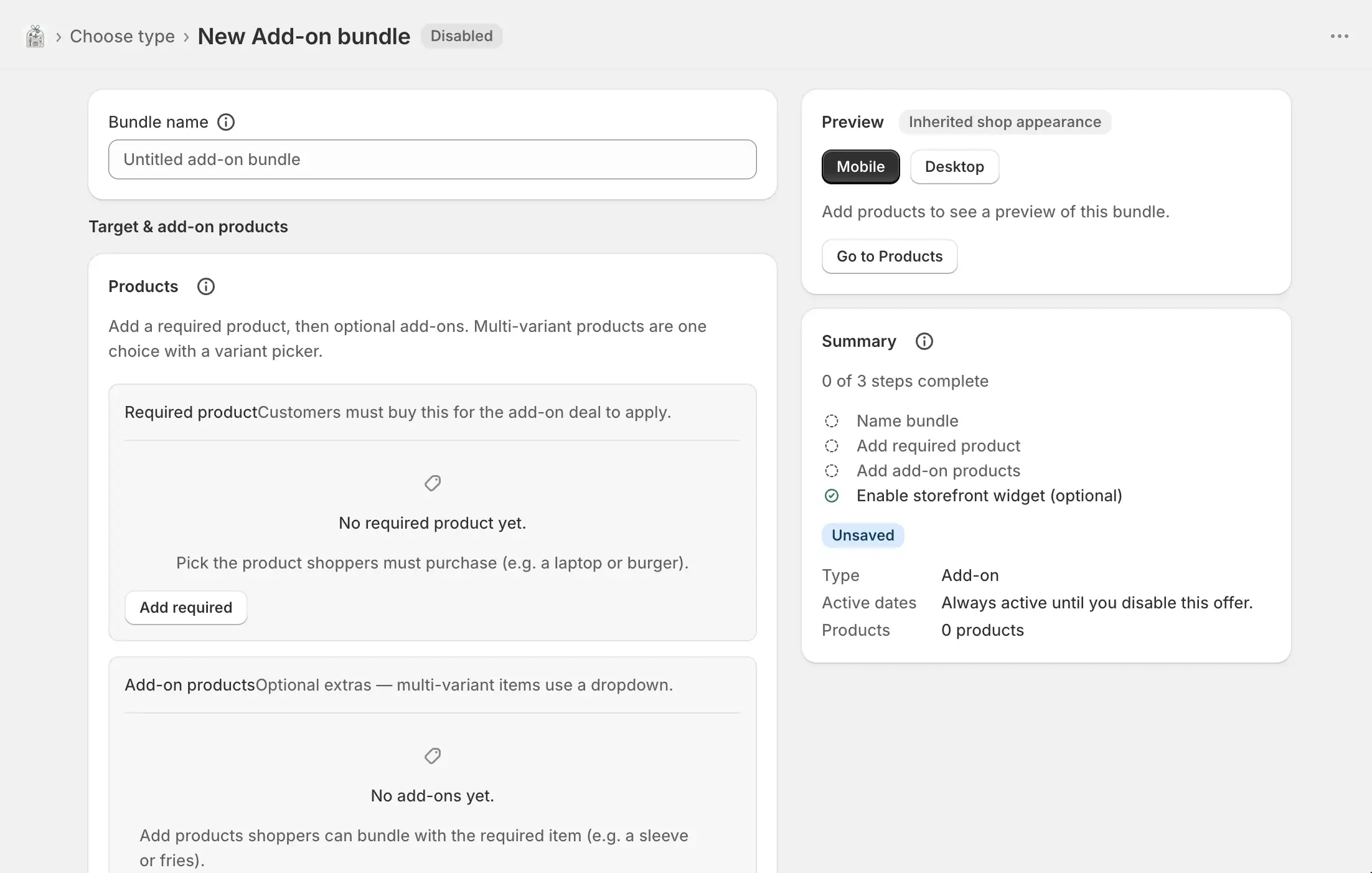 The Add-on editor with required product, extras, pricing, and a product-page widget preview.