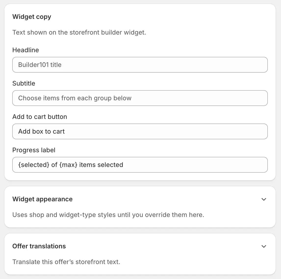 Builder appearance fields for headline, subtitle, button, progress label, and offer translations.