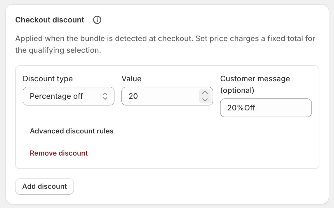 The Builder checkout discount card with percent off and the optional customer message.