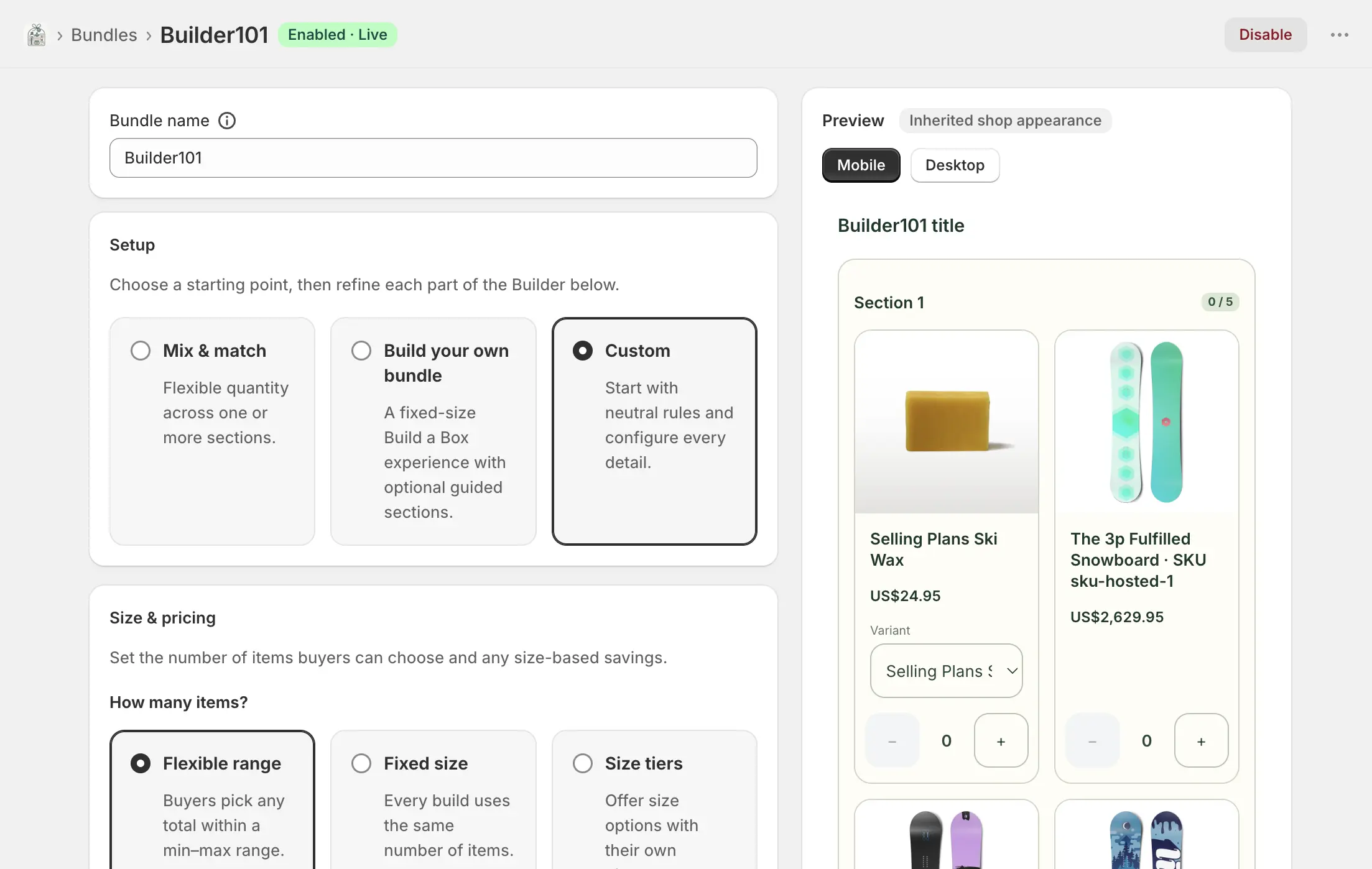 The Build your own editor showing setup, size, sections, and the live builder preview.