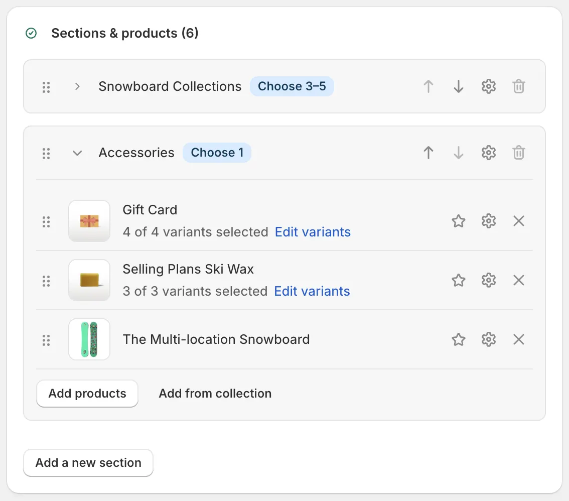 Builder Sections & products with two labeled sections, product rows, and per-section quantity bounds.
