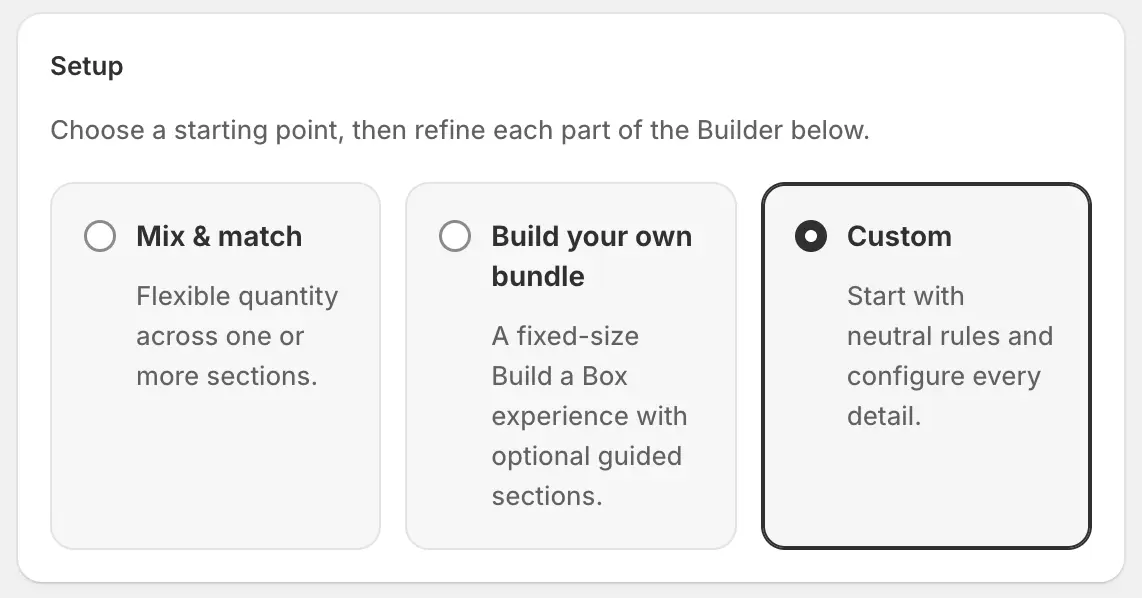 Builder Setup with Mix & match, Build your own bundle, and Custom starting-point cards.