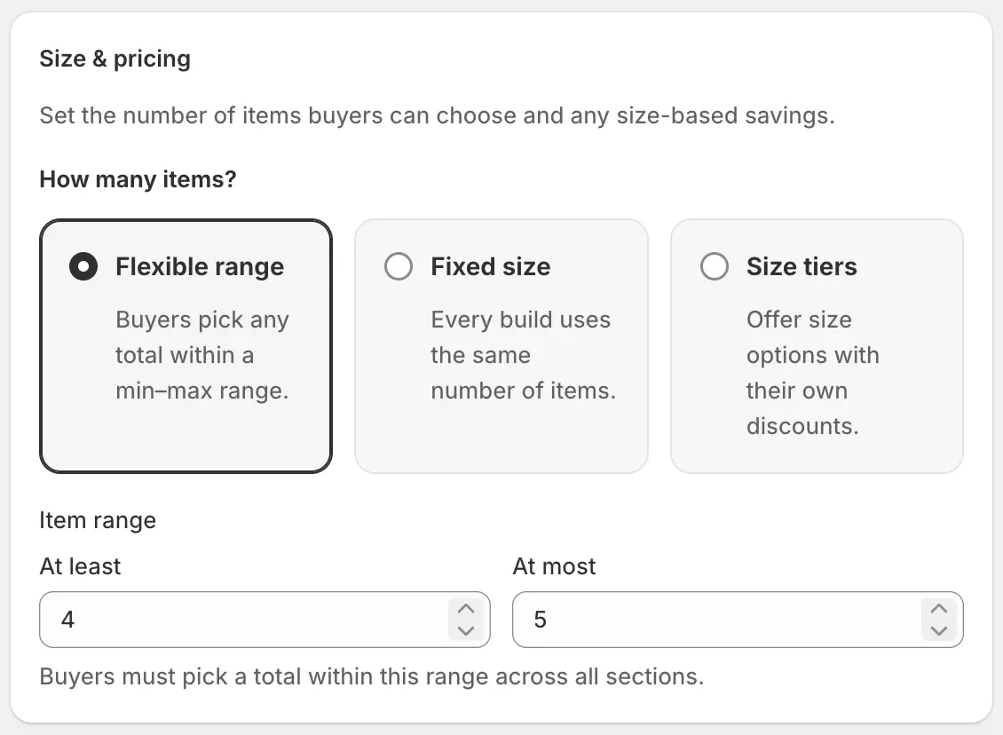 Builder Size & pricing with Flexible range, Fixed size, and Size tiers, plus an item range.