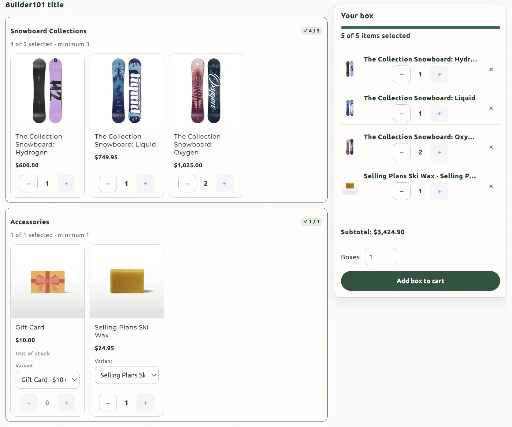 Builder Storefront page settings: create new vs existing product, compact vs expanded display, and shopping flow.