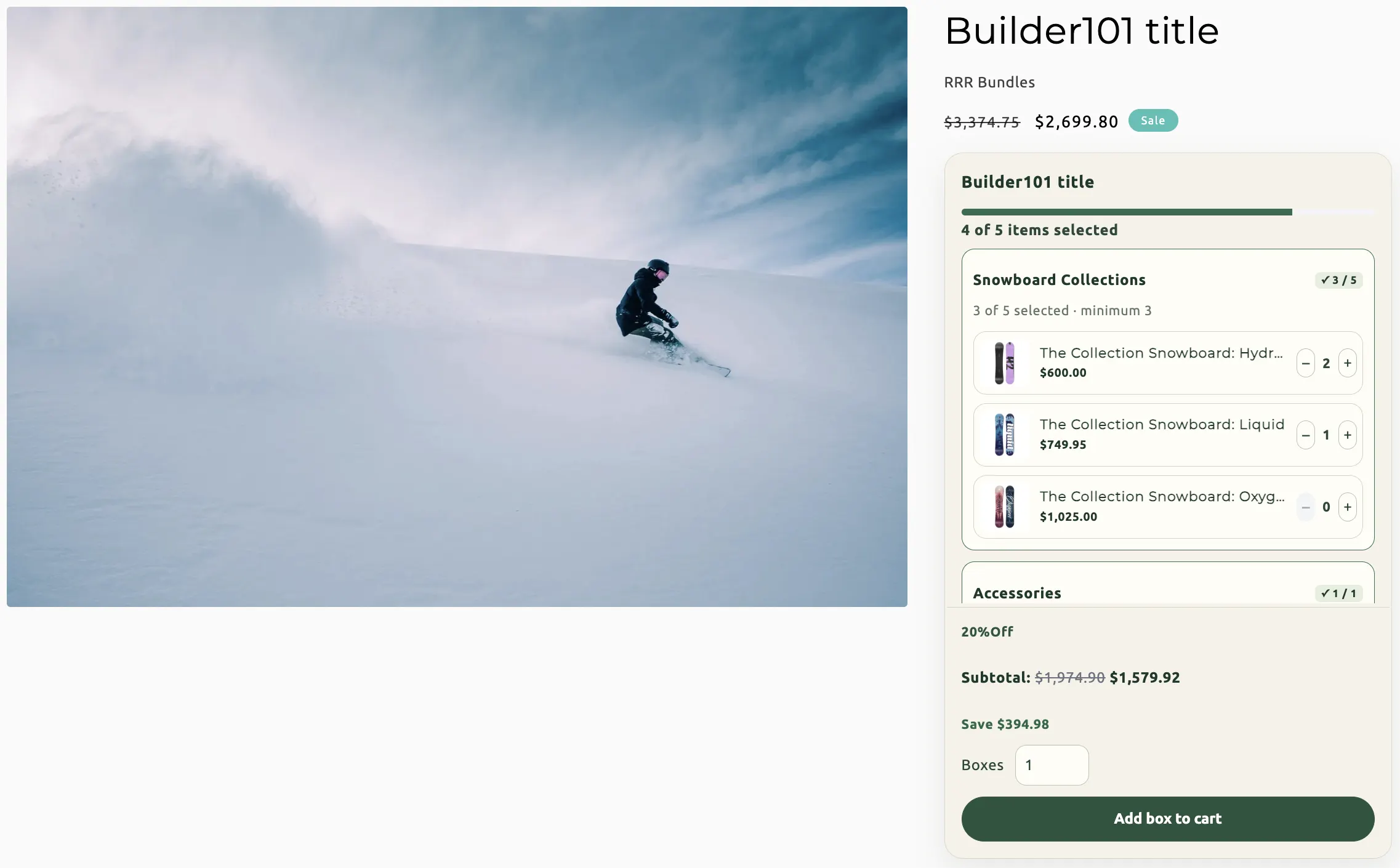 A storefront Build your own page with sections of products, a running total, and an add-to-cart button.