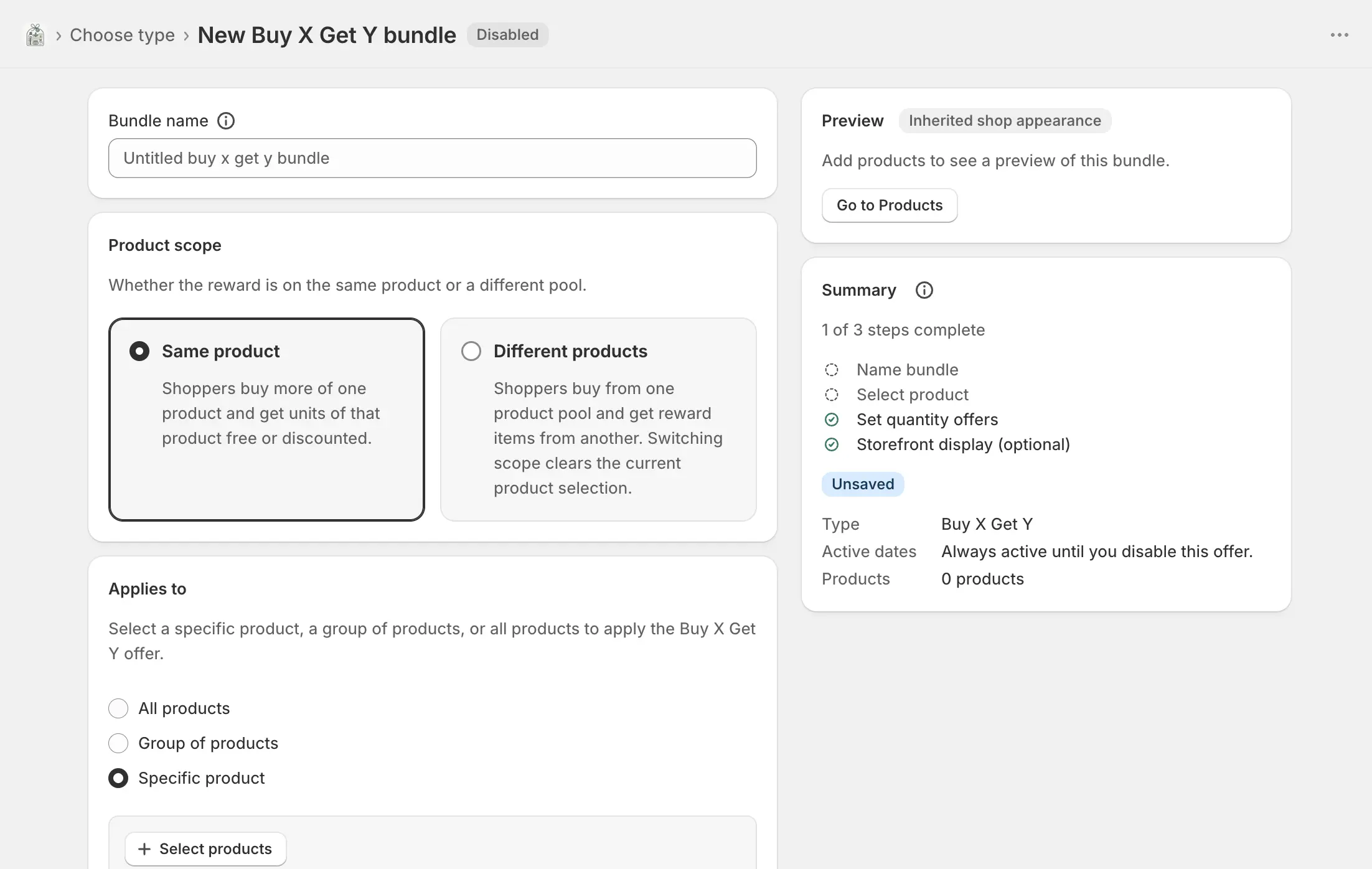 The Buy X Get Y editor with product scope, quantity offers, reward type, and a live offer preview.
