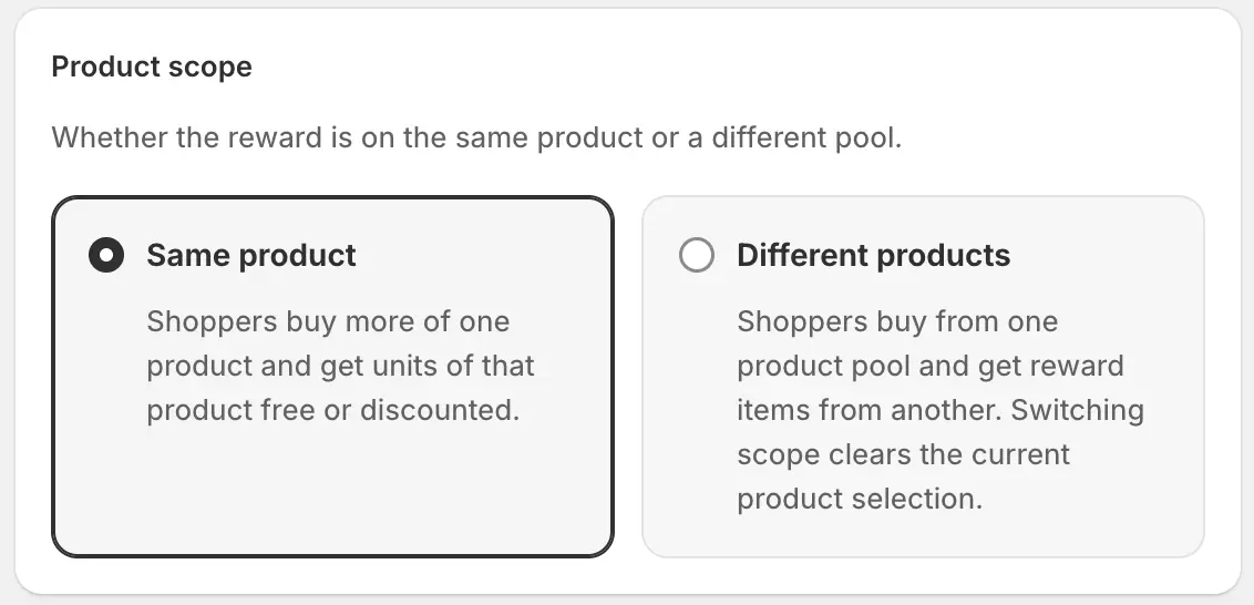 Buy X Get Y product scope: Same product vs Different products, with Customer buys and Customer gets pools.