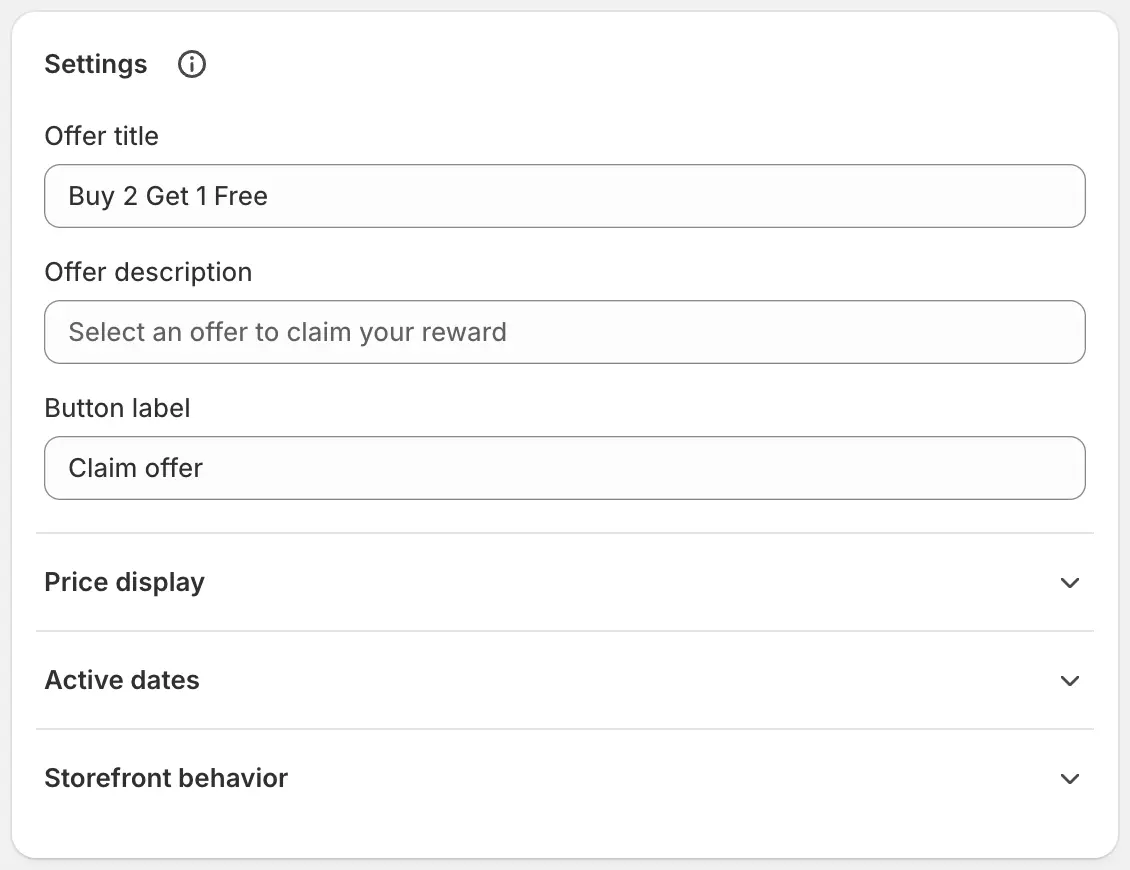 Buy X Get Y Settings with offer copy, price display, storefront behavior, and Active dates.