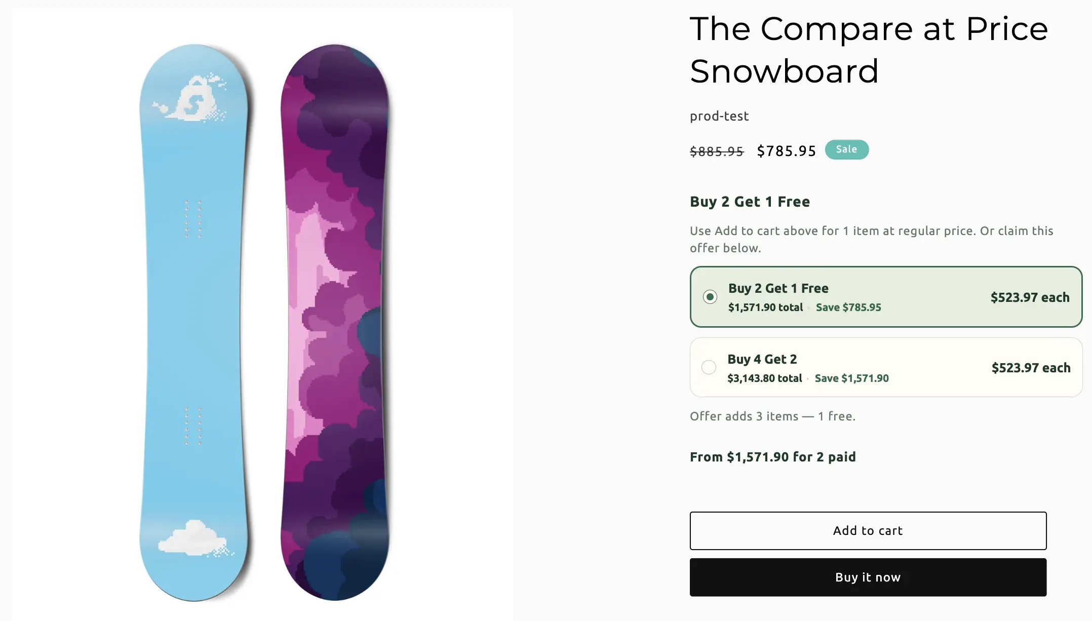 A storefront product page showing a Buy 2 Get 1 Free offer with tier choices and a claim-offer button.