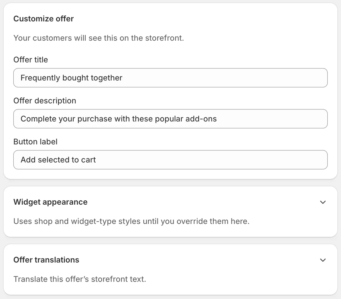 FBT Appearance with offer title, description, add-all button label, and theme overrides.