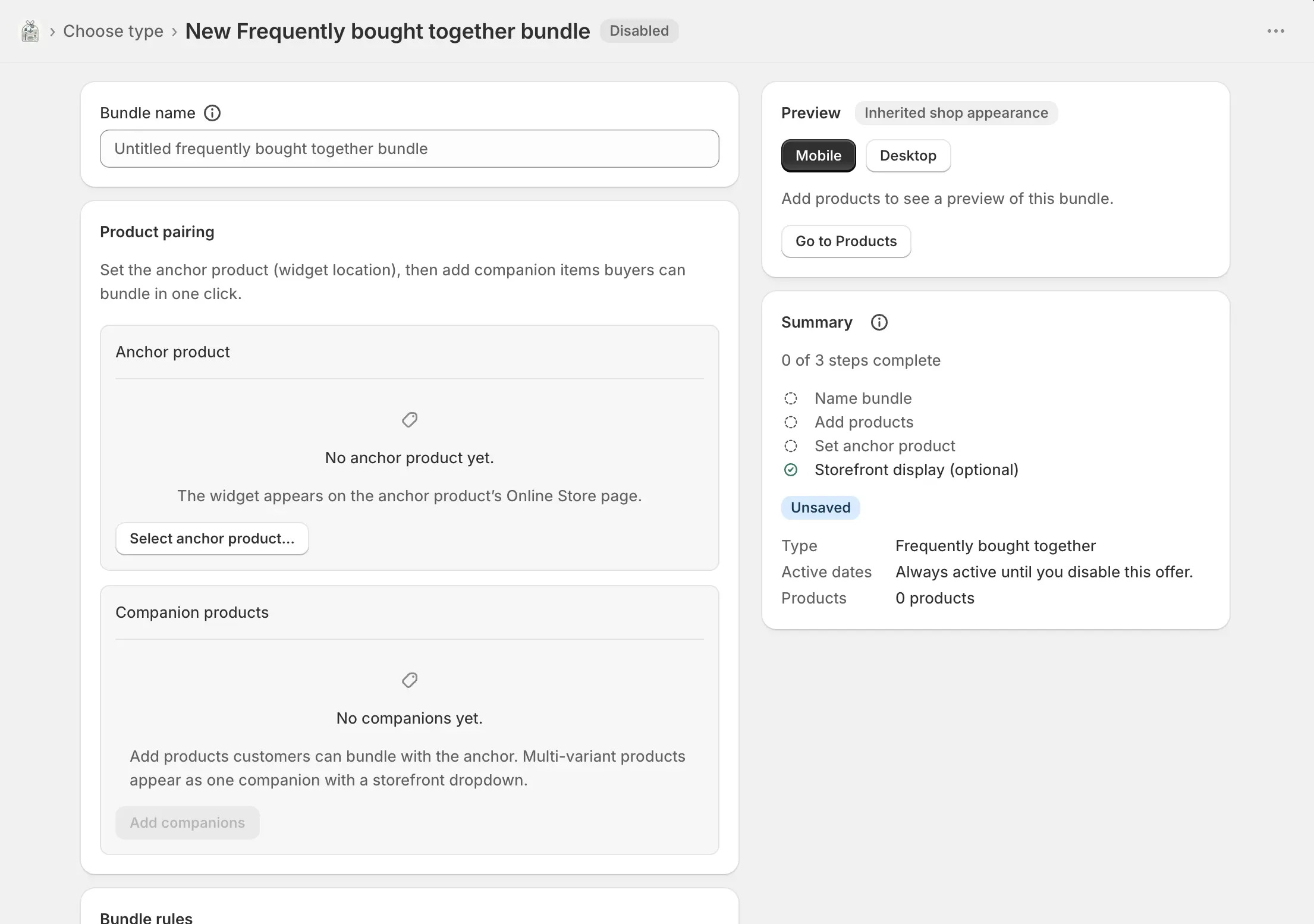 The Frequently bought together editor with anchor, companions, rules, and a product-page widget preview.