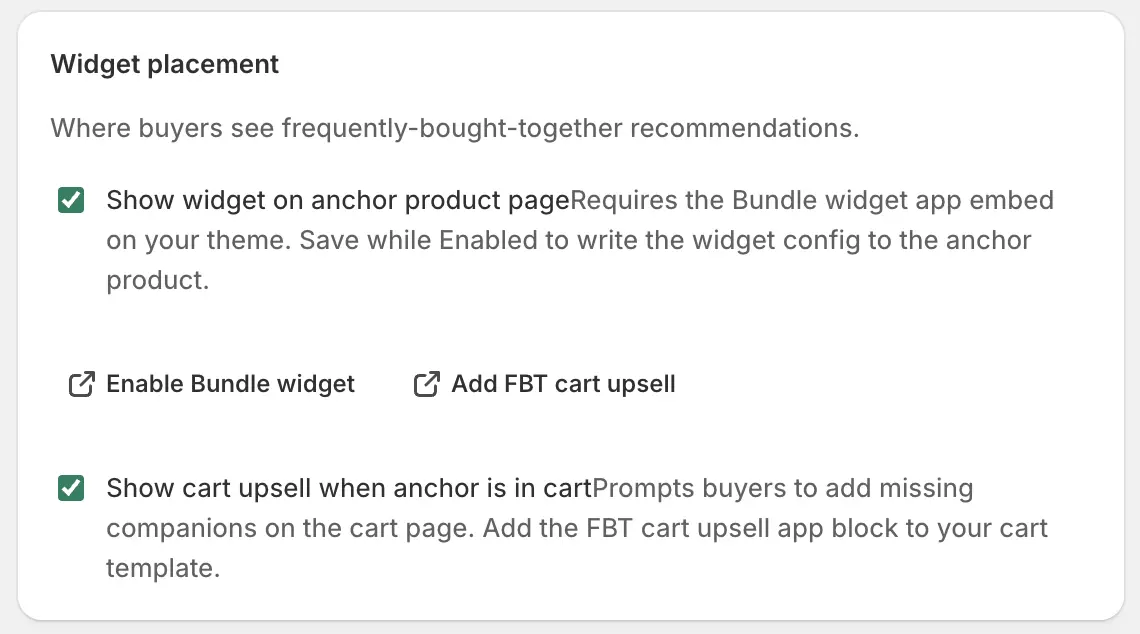 FBT widget placement toggles for the anchor product page and the cart upsell, with theme editor links.