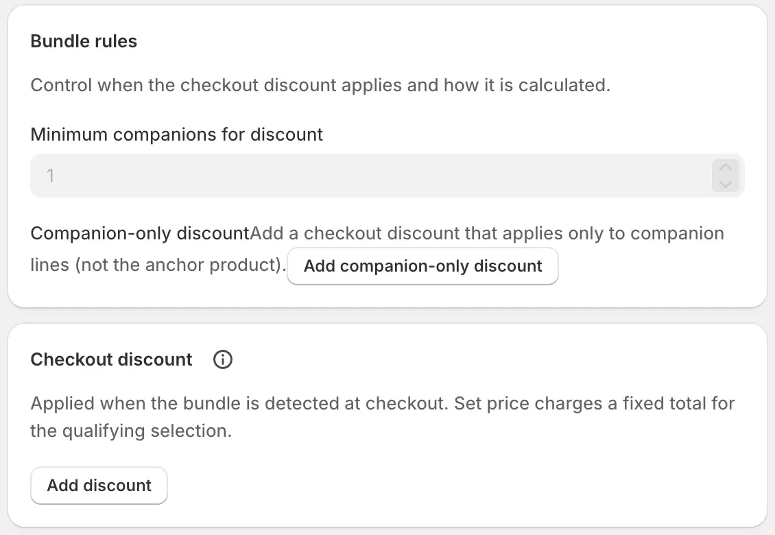 FBT bundle rules with minimum companions, companion-only discount, and checkout discount fields.