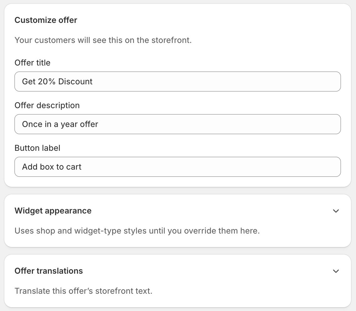 Fixed bundle Appearance with offer title, description, button label, and per-bundle theme overrides.
