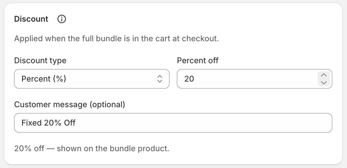 The Fixed bundle Discount card showing discount type, value, and the optional customer-facing message.