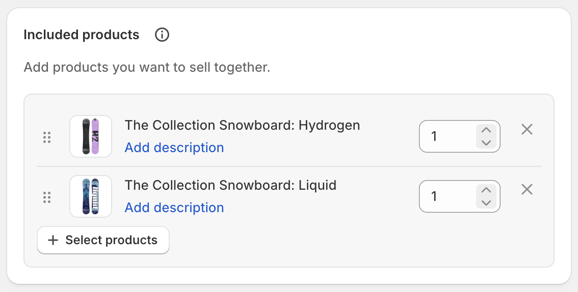 The Included products card on a Fixed bundle, with several product slots, quantities, variant counts, and reorder handles.
