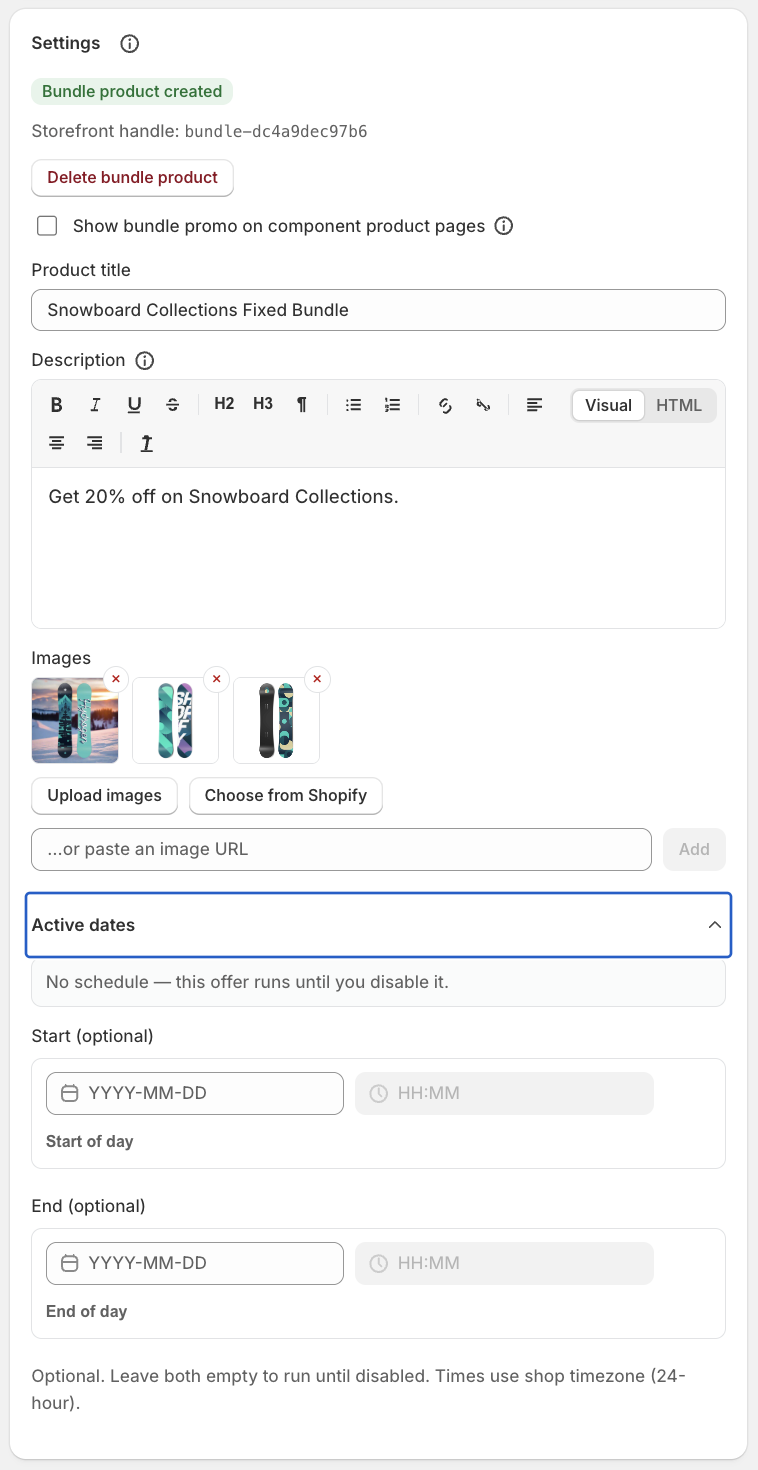 Fixed bundle Settings with Create a bundle product, Show promo on component pages, and Active dates.