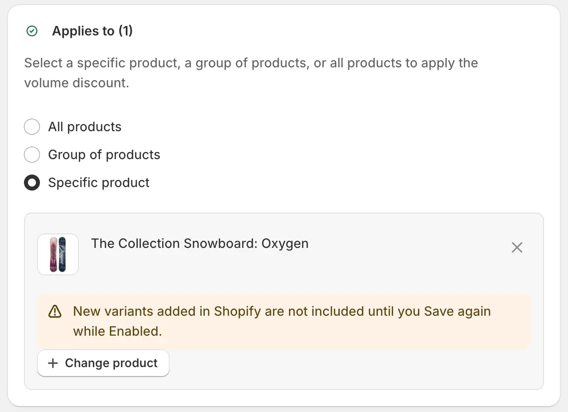The Applies to card with All products, Group of products, and Specific product choices, plus a selected product row.