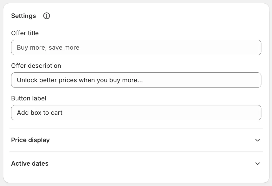 Multipack Settings with offer copy fields, price display toggles, and Active dates.
