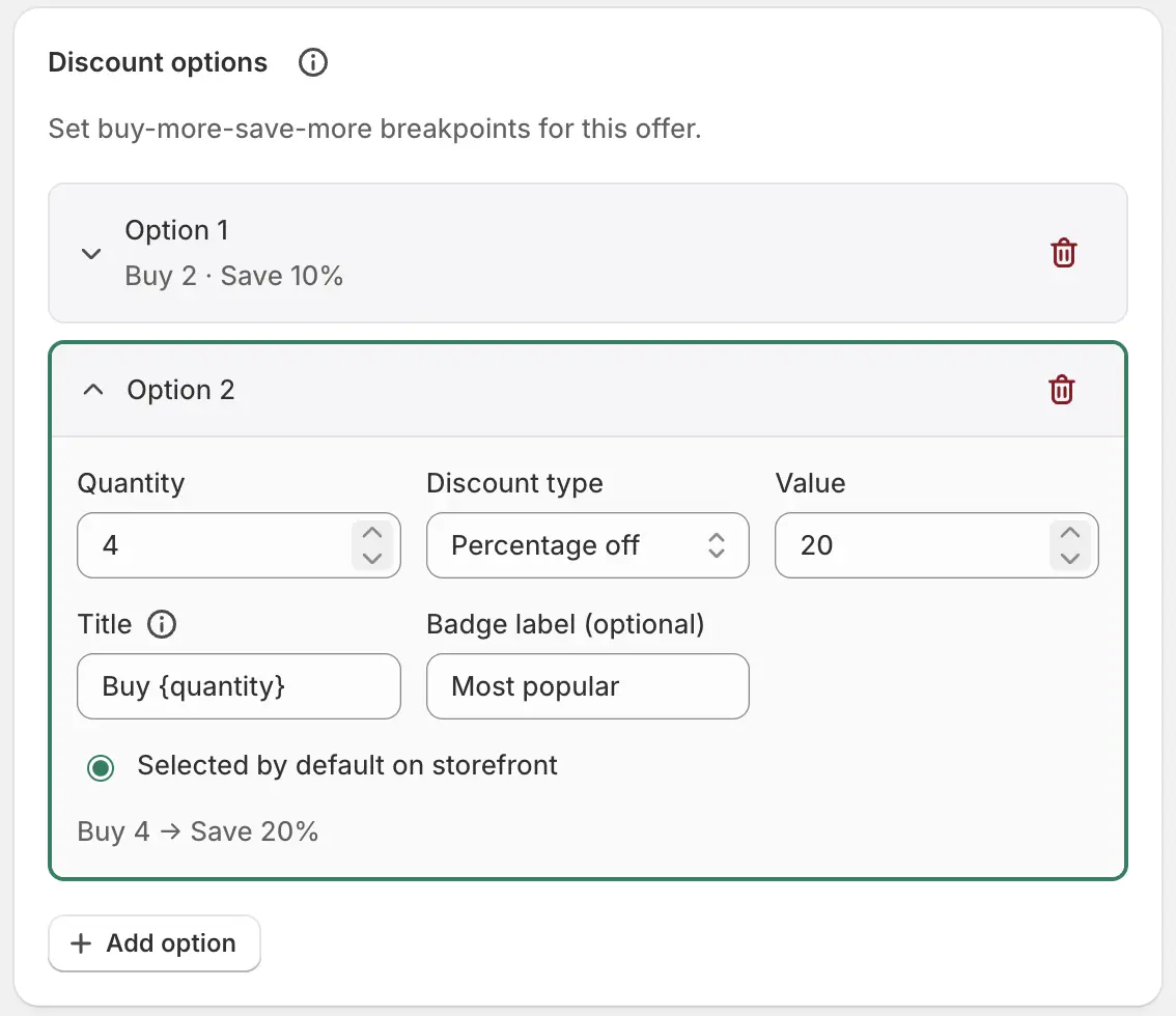 Multipack discount options listing quantity tiers with percent off, titles, and a highlighted default option.