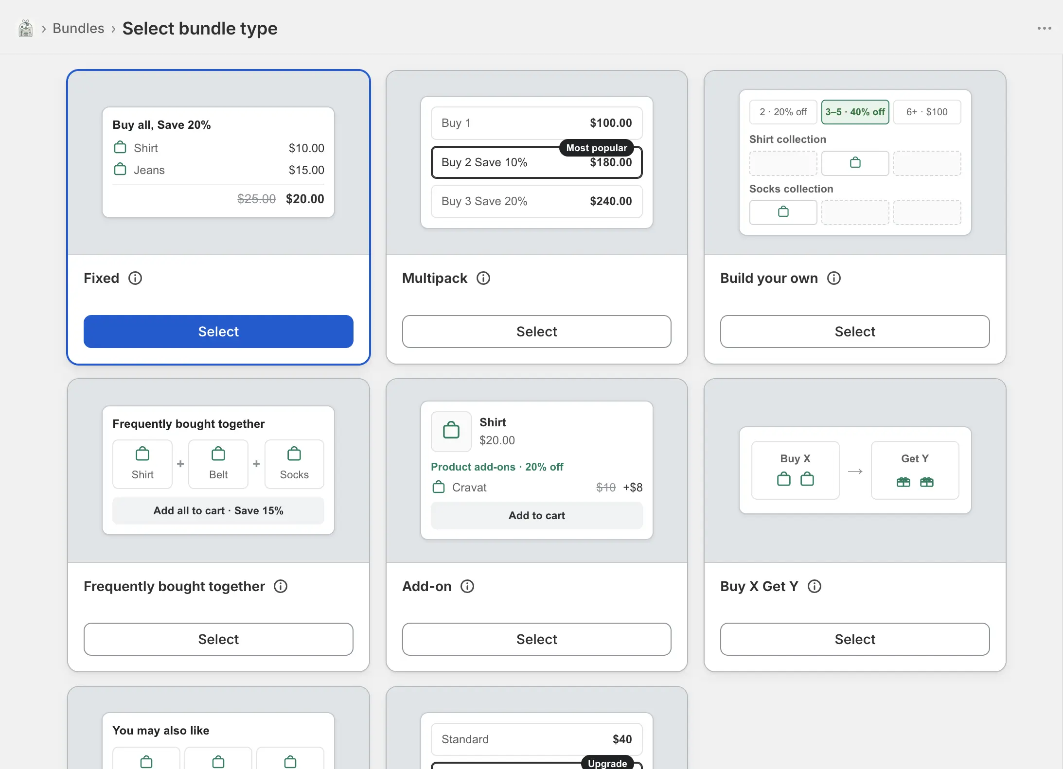 The Create bundle type picker in the Shopify admin, showing the eight RRR Bundles types with their labels and short descriptions.