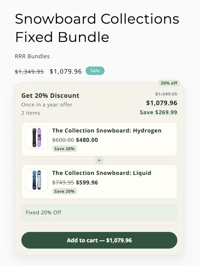 A storefront product page showing the RRR Bundles widget: three bundled products with checkboxes, a 15% bundle saving, and the discounted bundle total.