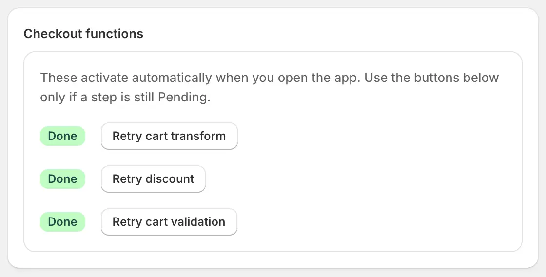 The app's Settings page listing the three Shopify Functions — discount, cart transform, and cart validation — each with a Done status badge.