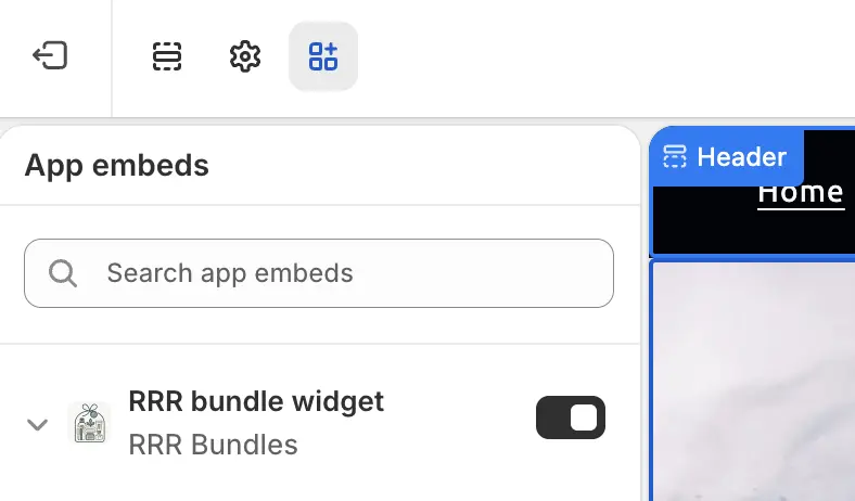 The Shopify theme editor with the RRR Bundles app embed toggled on in the App embeds panel, and the Save button in the top right.